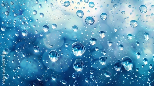 This modern illustration shows condensation drops on the surface of a window or glass. Raindrops with light reflection on the surface, abstract wet texture, pure aqua blobs pattern, a realistic 3d photo
