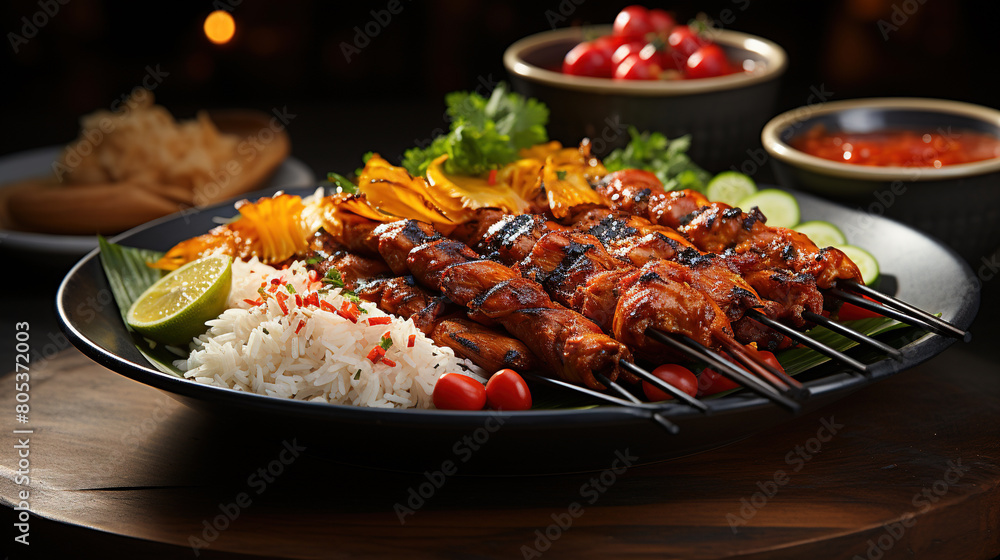 Beautifully Arranged Grilled Meat Skewers in Rice Plate On Blurry Background Beautifully Arranged Grilled Meat Skewers in Rice Plate On Blurry Background