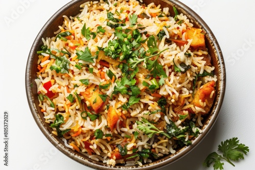 Upper perspective on Indian cuisine Isolated on a clear white background, biryani. Generative Ai