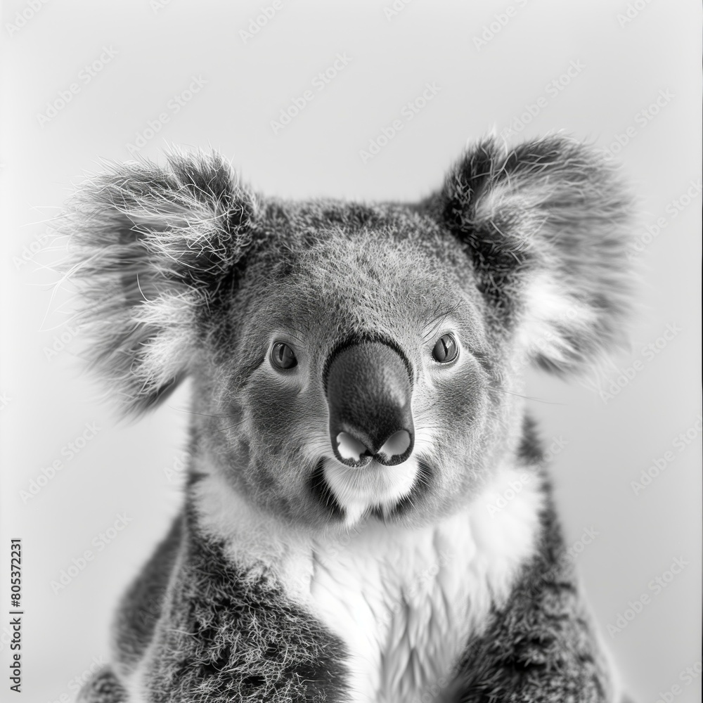 Black and white illustration with an animal - koala. 8K resolution. Black and white illustration with an animal - koala. 8K resolution.