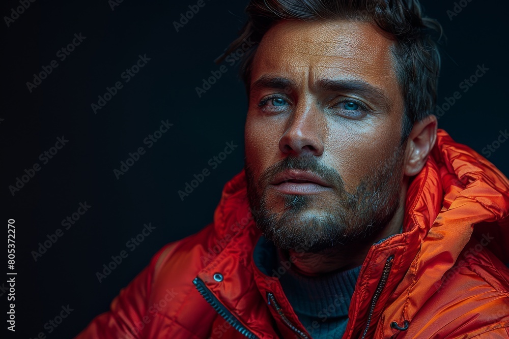 Brooding man posed against a blue background in vibrant orange down jacket, exuding depth Brooding man posed against a blue background in vibrant orange down jacket, exuding depth
