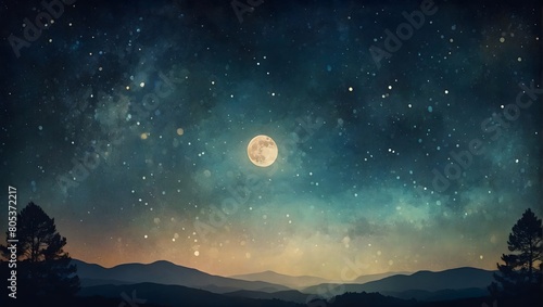 masterpiece depicting a celestial night sky, with twinkling stars and a full moon casting its ethereal glow over a tranquil landscape in a vintage manner.