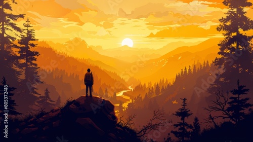 At dawn, a traveler views the mountains in the forest