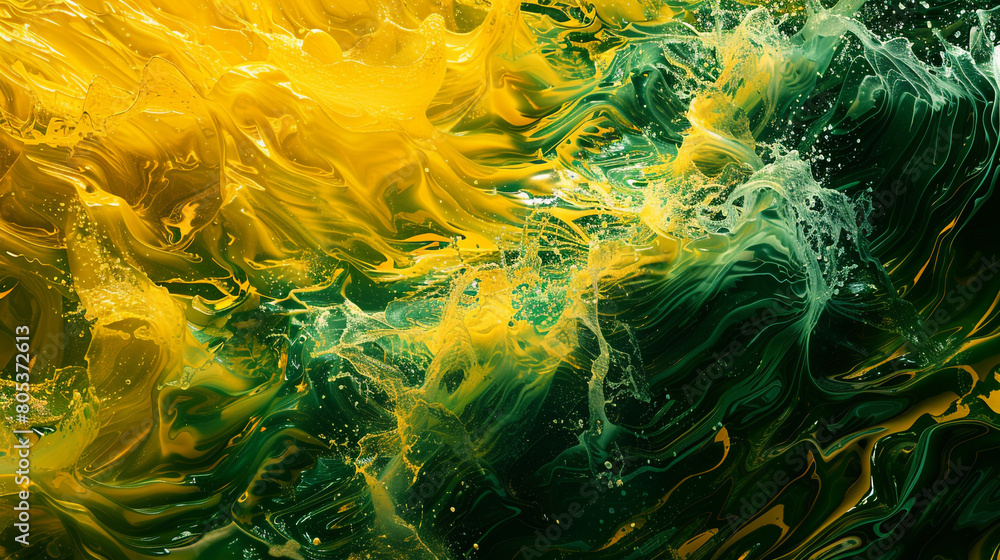 Fototapeta premium A vibrant and lively clash of yellow and deep green waves, their energetic collision producing a visual explosion reminiscent of a lush, tropical rainforest.