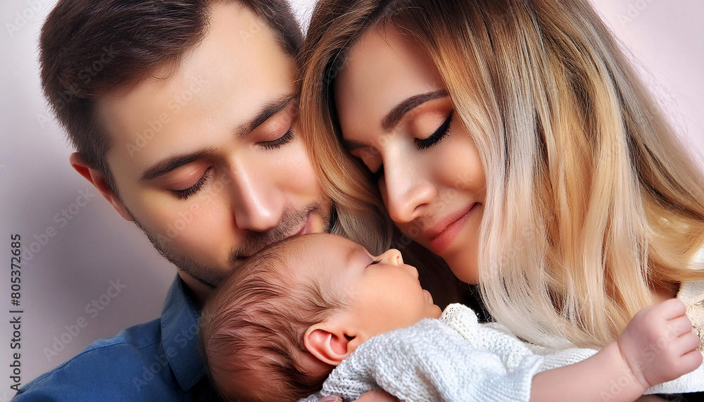 A serene portrait of parents with their happy, peaceful, and calm baby A serene portrait of parents with their happy, peaceful, and calm baby
