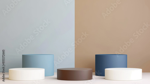 Minimal Podium with blue and blue wall Background. Five model marble podiums for the advertising industry. Copy paste area for product