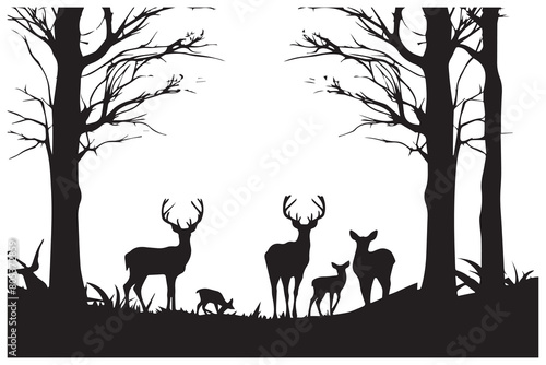 silhouette of deer and trees in forrest on white background