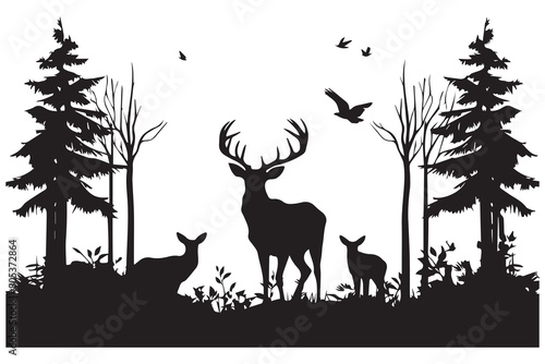 silhouette of deer and trees in forrest on white background
