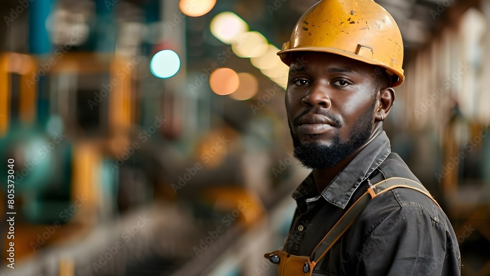 African American factory worker in hard hat and work clothes by production line. Concept Factory Work, African American, Hard Hat, Work Clothes, Production Line African American factory worker in hard hat and work clothes by production line. Concept Factory Work, African American, Hard Hat, Work Clothes, Production Line