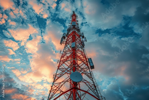 A striking red radio mast strikes a bold contrast against a vibrant sky of orange and blue hues, signaling robust communication technology