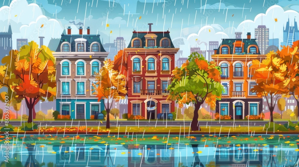 The two-dimensional vintage city is a rainy, retro cityscape with colonial victorian buildings and a promenade along the lake. Cartoon game layered scene, Modern illustration.