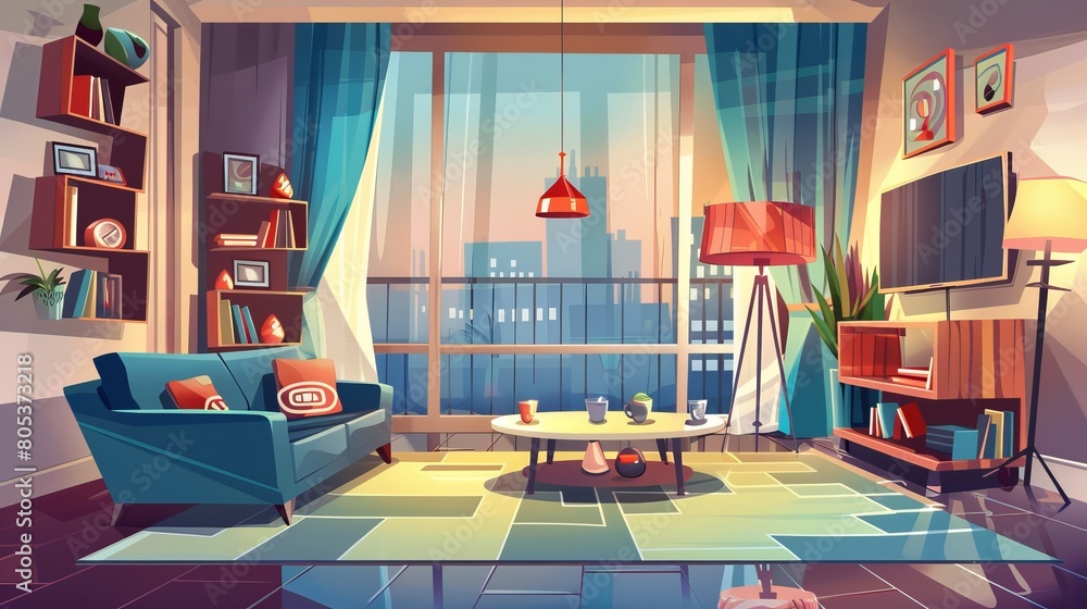 The background of the game features a modern living room interior with sofa, shelves, and a coffee table. The illustrations depict a 2D cartoon dwelling or hotel with furniture, home apartment design The background of the game features a modern living room interior with sofa, shelves, and a coffee table. The illustrations depict a 2D cartoon dwelling or hotel with furniture, home apartment design