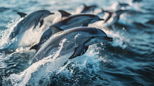 Close-up of dolphins jumping out of deep blue sea  © robfolio