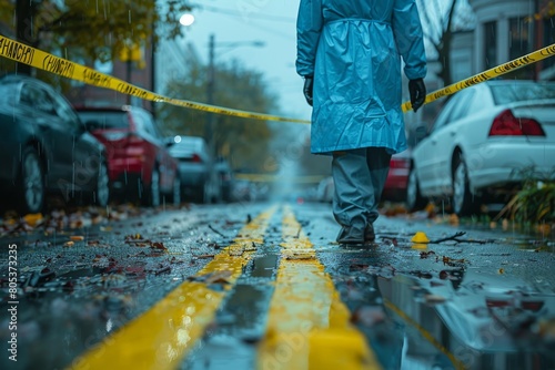 An investigator walks through a rainy city street marked by crime scene tape, among scattered leaves and parked cars