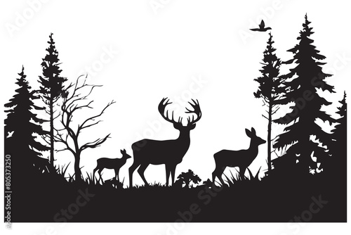 Black silhouette of wild forest woods animals deer and forest fir spruce trees