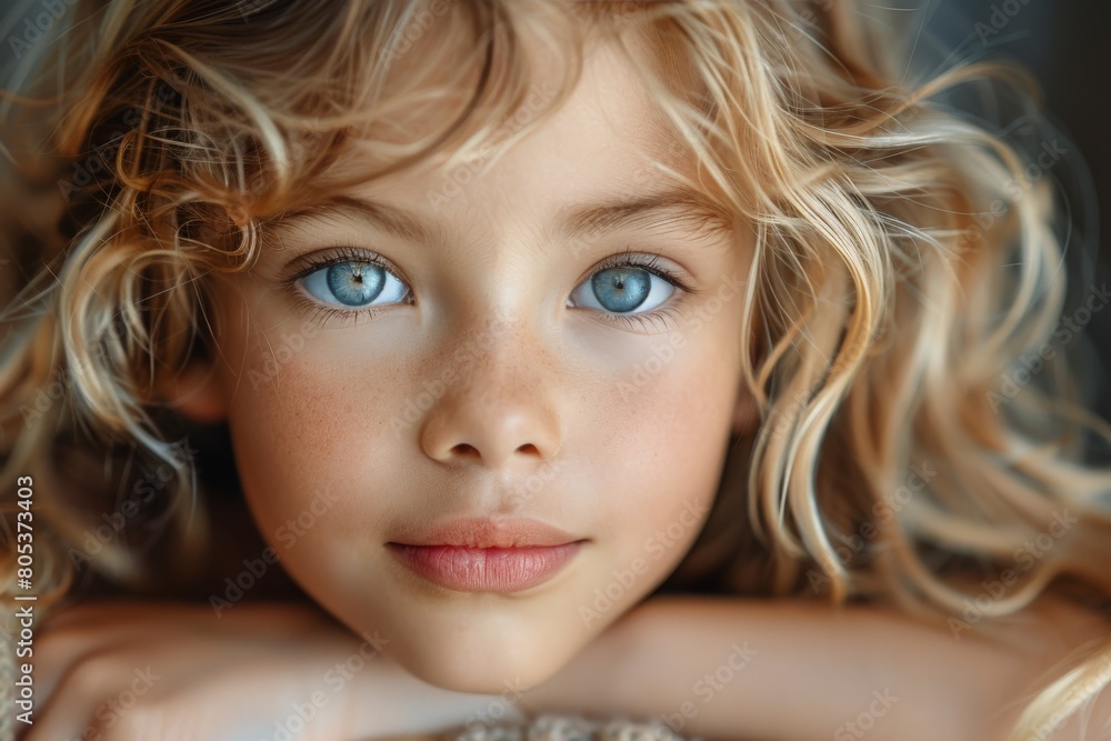 Stunning portrait of a blonde curly-haired toddler with striking blue eyes, evoking innocence and beauty Stunning portrait of a blonde curly-haired toddler with striking blue eyes, evoking innocence and beauty