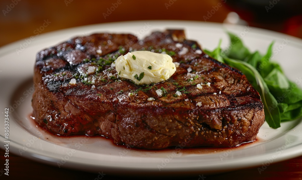 Gourmet Medium-Rare Steak with Herbed Butter in Classic Steakhouse Setting Gourmet Medium-Rare Steak with Herbed Butter in Classic Steakhouse Setting