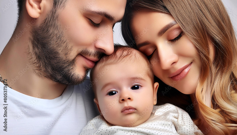 A serene portrait of parents with their happy, peaceful, and calm baby A serene portrait of parents with their happy, peaceful, and calm baby