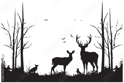 silhouette of deer and trees in forrest on white background