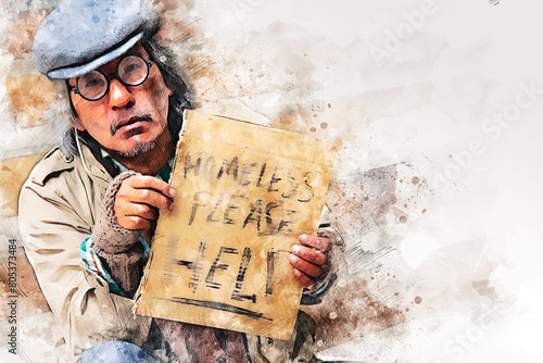 Abstract colorful business senior man homeless alone at street on watercolor illustration painting background.