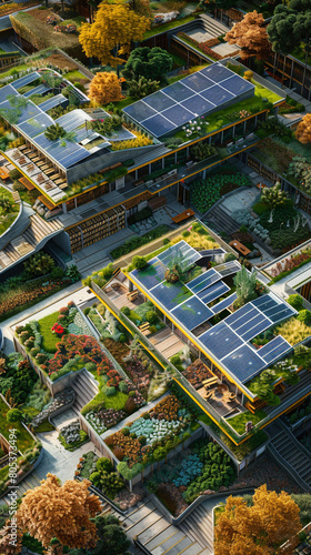 An image of a green-roofed public library, with reading terraces nestled among gardens and solar panels powering the building,
