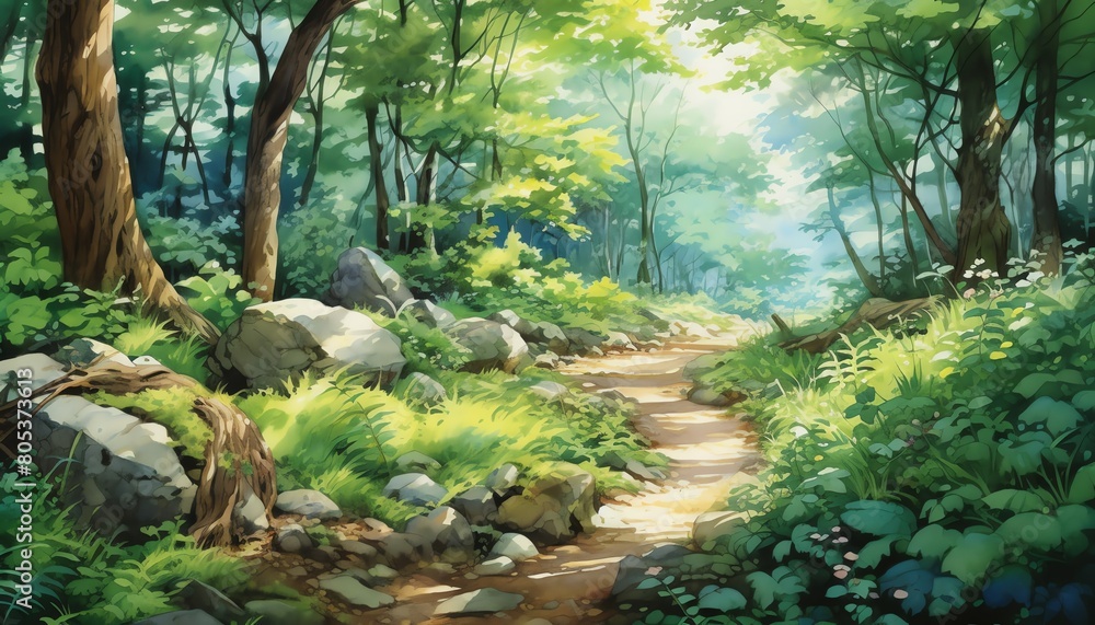 Naklejka premium Ethereal image of a verdant path winding through an arcane woodland, emphasizing themes of mystery and exploration, ideal for adventure novels and ecotourism brochures