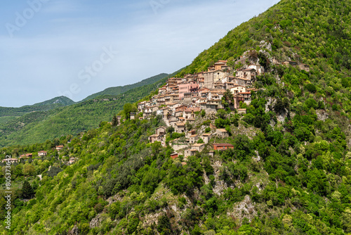 Panoramic view of Ascrea, beautiful village near the Turano Lake, in the province of Rieti, Lazio, Italy.