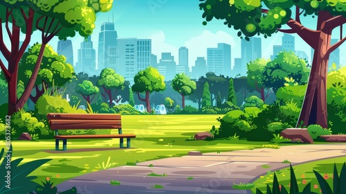 This cartoon modern illustration shows a city park or sidewalk with benches and green trees on a summer cityscape background. Scenery landscape, empty public place for walking and recreation.