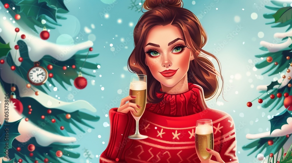A cartoon young woman with champagne celebrating the winter holidays with a red ugly sweater, Christmas tree, and clock. Modern greeting card featuring a cartoon young woman with champagne for the A cartoon young woman with champagne celebrating the winter holidays with a red ugly sweater, Christmas tree, and clock. Modern greeting card featuring a cartoon young woman with champagne for the