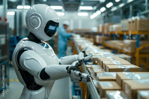 Wallpaper Mural A humanoid robot holding a package in a warehouse represents the cutting-edge integration of AI in logistics and inventory management. Torontodigital.ca