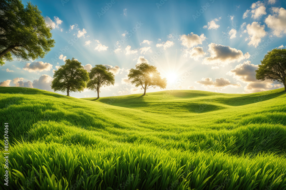 Fototapeta premium Green Field Landscape with some Trees and Blue Sky on Bright Sun Light 
