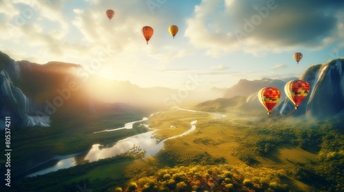 Colorful hot air balloons floating over green mountains, with sunlight shining through the clouds on them and mist in front. The entire scene is rendered in the style of high definition photography, p
