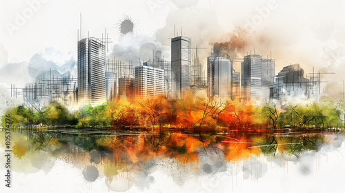 Sketch and real mix urban cityscape scene , development and real estate business concept ,