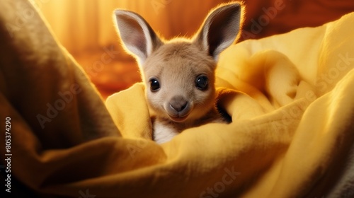 a cute baby kangaroo wrapped in yellow blanket, close up shot, cute and adorable, cinematic, hyper realistic