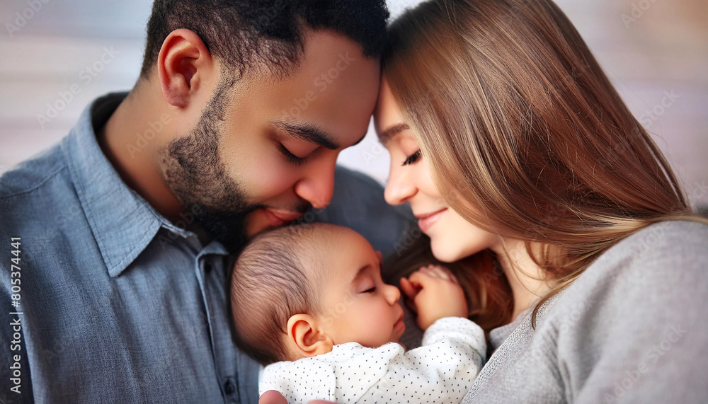 A serene portrait of parents with their happy, peaceful, and calm baby A serene portrait of parents with their happy, peaceful, and calm baby
