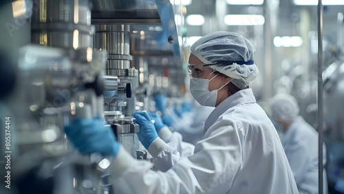 Employees in lab coats and protective gear monitoring pharmaceutical production. Concept Lab Coats  Protective Gear  Pharmaceutical Production  Monitoring  Employees
