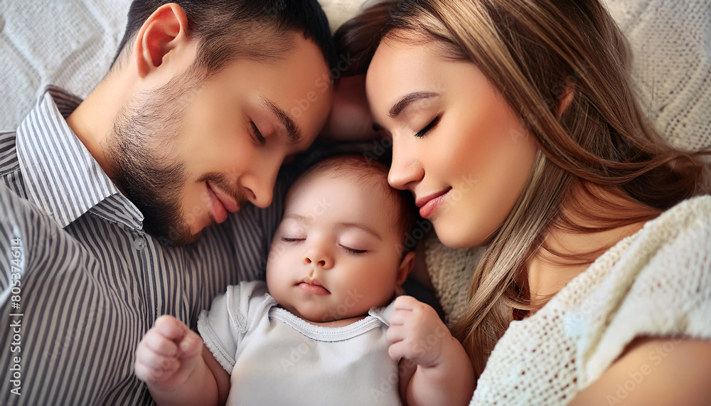 A serene portrait of parents with their happy, peaceful, and calm baby