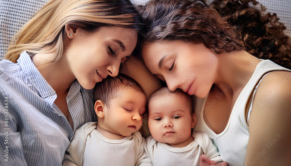 A serene portrait of two women with their happy, peaceful, and calm babies. A serene portrait of two women with their happy, peaceful, and calm babies.
