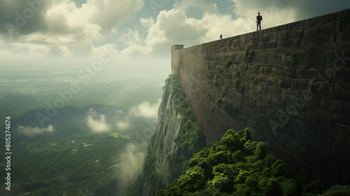 A Man is Standing On Top Off The Big Rock Wall in Forest Landscape Background