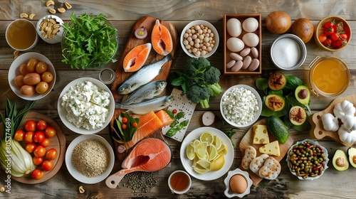 Assortment of Nutritious Whole Foods on Rustic Wooden Table
