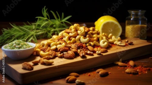 A pile of mixed nuts on an oak board, with lemon and rosemary in the background. A bowl filled with green goddess vinaigrette in front, a jar of chili powder to one side, against a dark background wit photo