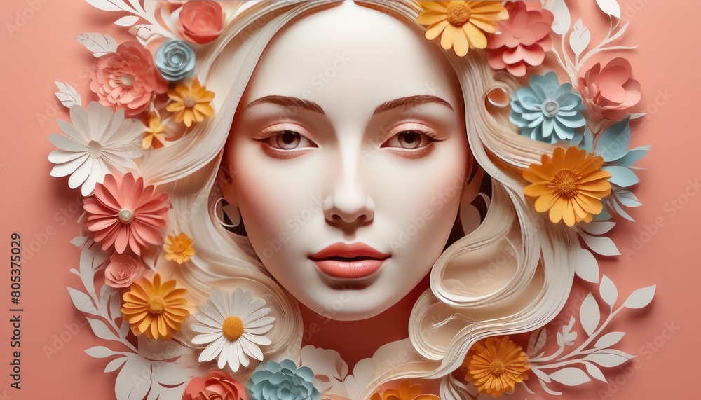 Girl face poster. Paper-cut style illustration of a face intertwined with flowers with copy space. 3D illustration. Happy Mother's Day, Women's Day