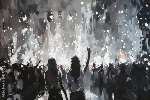 Abstract urban scenes depicting crowds at outdoor music festivals. Artistic representation of summer music events in expressive brushstrokes. Summer music festival concept for design and poster photo