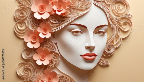 Girl face poster. Paper-cut style illustration of a face intertwined with flowers with copy space. 3D illustration. Happy Mother's Day, Women's Day © mars58