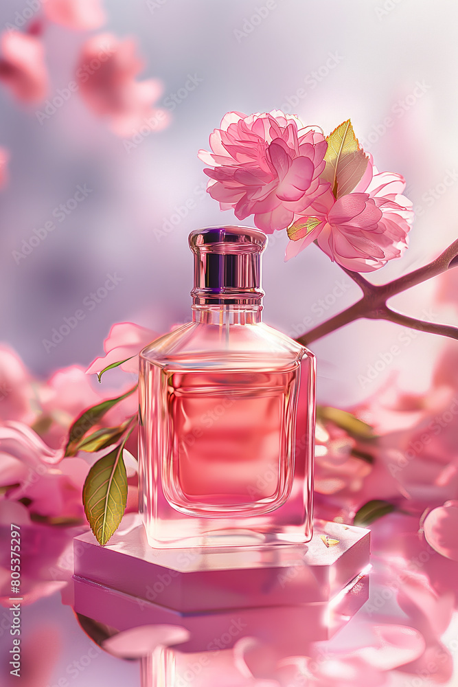 A beautiful product perfume bottle with pink flowers. A beautiful product perfume bottle with pink flowers.