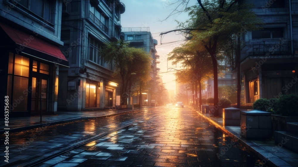 A street in the city with a sunset and rain, created in the style of unreal engine game art with ray tracing and cinematic volumetric lighting.