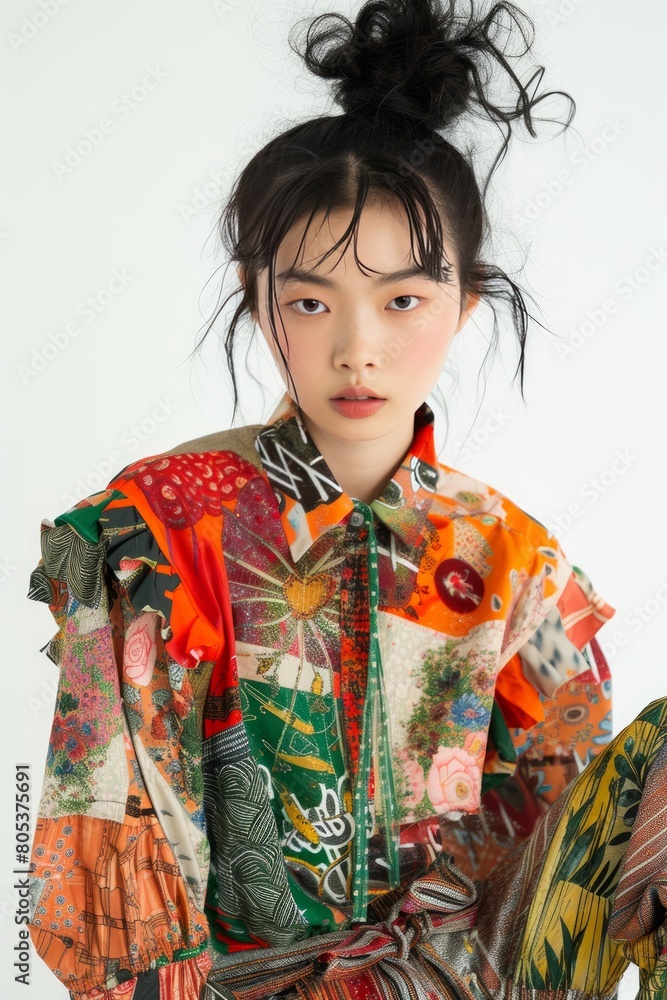 Fashion Designer's Creative Look: Full face no crop of a Pretty Young Chinese Super Model in Artsy Blouse and Tailored Pants, exuding artistic flair with a whimsical expression