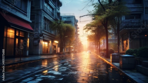 A street in the city with a sunset and rain  created in the style of unreal engine game art with ray tracing and cinematic volumetric lighting.