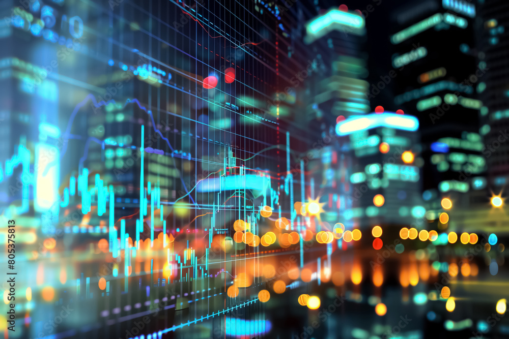 Fototapeta premium Stock market business concept with financial chart on screen and metropolis. A vibrant city skyline reflects the fluctuating stock market graph symbolizing economic activity