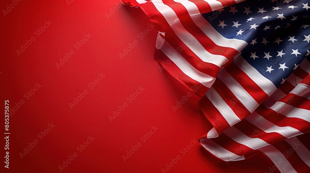 Commemorate Memorial Day with a patriotic image of an American flag waving proudly in the breeze against a backdrop Commemorate Memorial Day with a patriotic image of an American flag waving proudly in the breeze against a backdrop